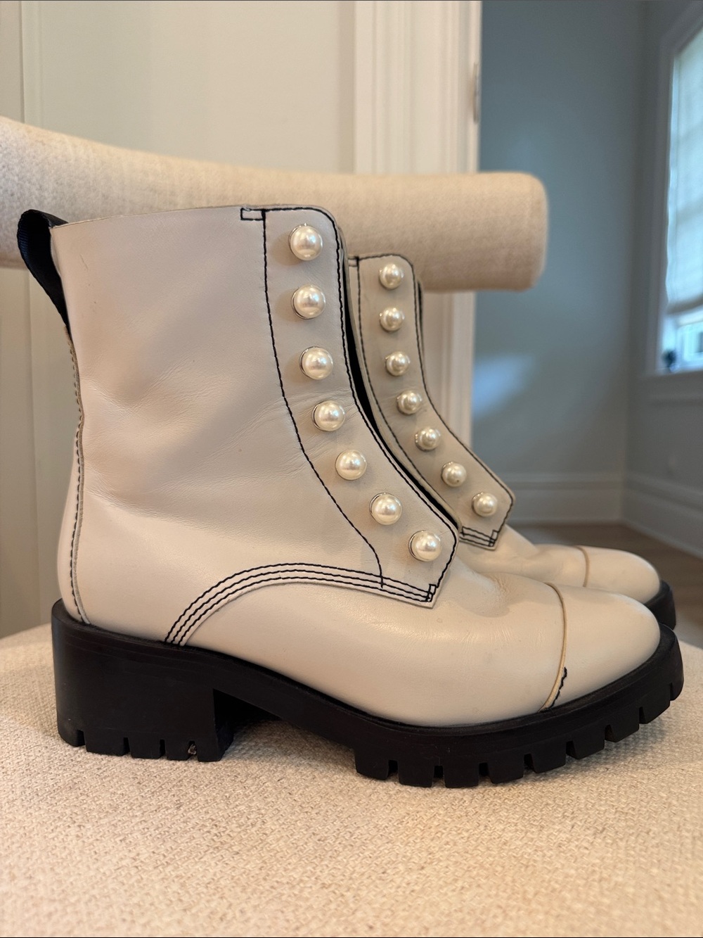 3.1 Phillip Lim Cream Pearl-Embellished Lug Ankle Boots